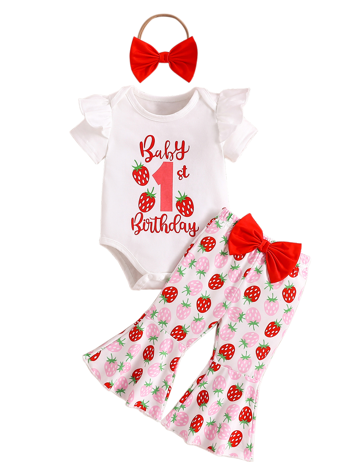 FEORJGP Toddler Baby Girls Birthday 3PCS Outfits 0 3M 6M 12M 18M Infant Short Sleeve Jumpsuits Strawbery Print Rompers Crew Neck Tops Flared Pants Heal Fashion Cute Casual Clothes for Summer